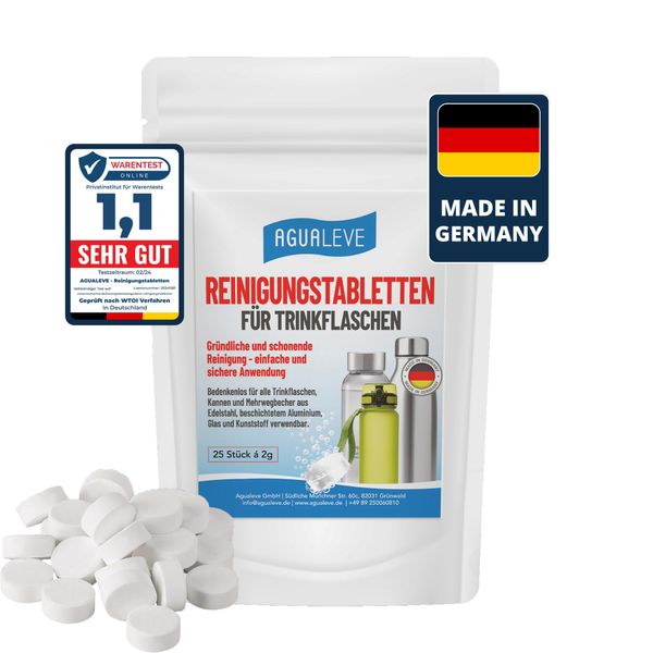 AGUALEVE® Reinigungstabletten für Trinkflaschen 25 Stück *NEU* | gründliche & schonende Reinigung von Trinkflaschen, Kannen & Mehrwegbecher aus Edelstahl, Alu, Glas & Kunststoff | Made in Germany