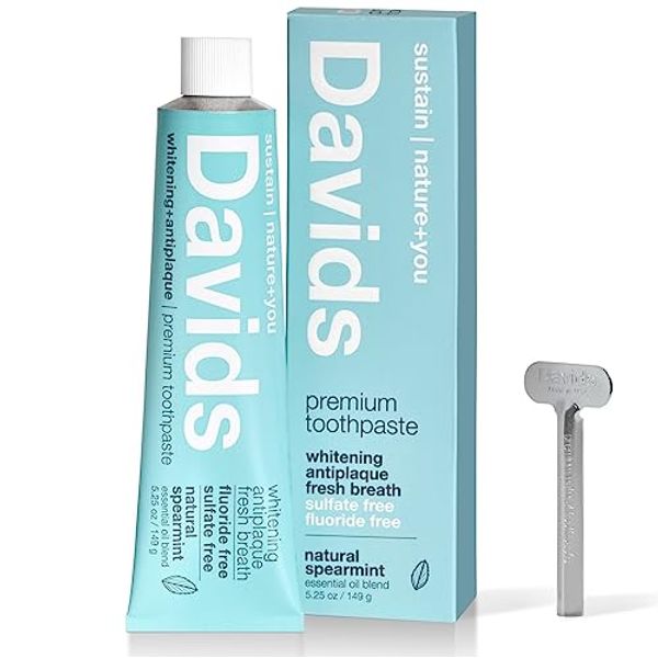 Davids Natural Toothpaste for Teeth Whitening, Spearmint, Antiplaque, Flouride Free, SLS Free, EWG Verified, Toothpaste Squeezer Included, Recycable Metal Tube, 5.25oz