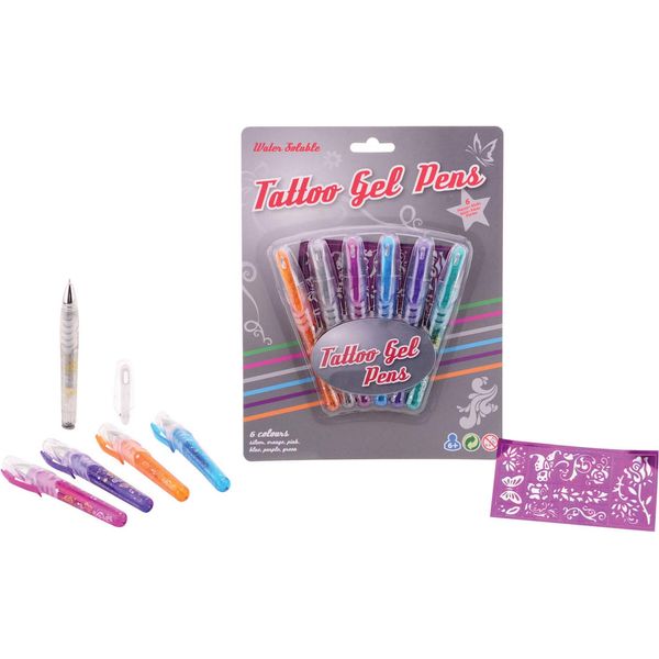 Smart-Planet Tattoostifte 6 Stück - Tattoo Gel Stifte - Tattoo Gelstifte mit Schablonen - Gel Pen - Multicolor - Tattoostift 6er Set mit Vorlagen