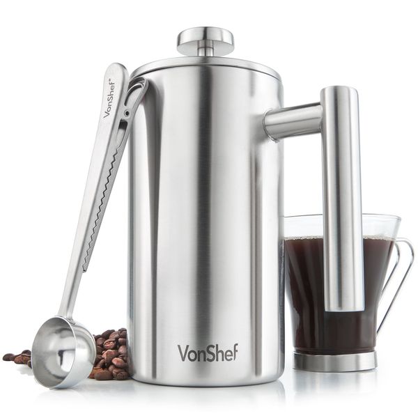 VonShef 6 Cup Cafetiere, Stainless Steel 800ml Double Walled French Press with Measuring Spoon/Bag Seal, Dishwasher Safe Filter Coffee Maker with Plunger