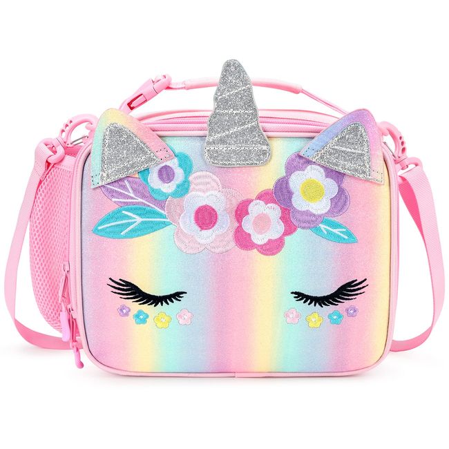 mibasies Unicorn Lunch Bag Kids Insulated Lunch Box for Girls with Water Bottle Holder and Shoulder Strap (Pink Blue Rainbow)