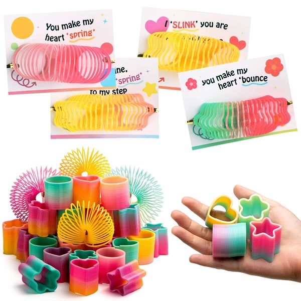 28 Packs Rainbow Springs with Valentine's Day Cards, Bright Colors Coil Spring Toy Bulk, Stress Relieving Slinky Toys for Kids Birthday Gift, Game Prizes and Party Favors