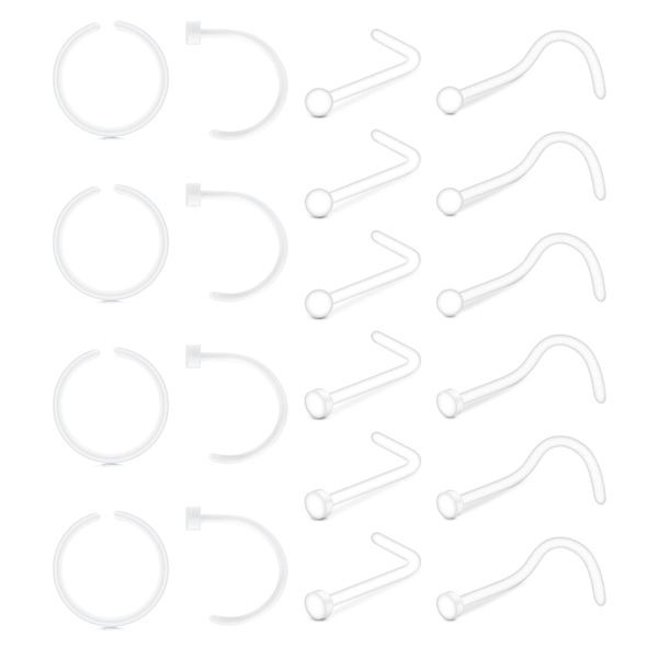 Anicina 18G 20G Clear Nose Rings Studs for Work Clear Nose Piercing Hoop Plastic Nose Rings for Surgery Screw L Shaped Nose Studs Plastic Bioflex Flexible Nostril Piercing Retainer