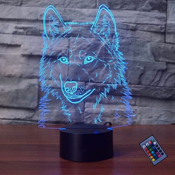 YTDZLTD Creative 3D Wolf Night Light 16 Colors Changing Remote Control USB Power Touch Switch Decor Lamp Optical Illusion Lamp LED Table Desk Lamp