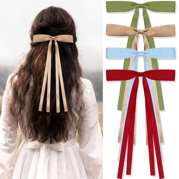 FULZTEY 4Pack Bow Hair Clips For Women Silky Bows Hair Bowknot Clip French Barrette Long Tail Bowknot Hairpin Tassel Bows Hair Clips For Toddlers Teens Kids Barrettes Hair Accessories