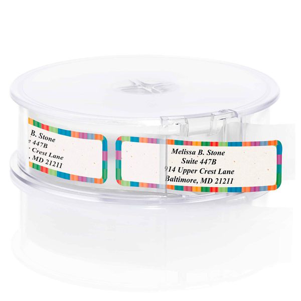 Bright Stripes Designer Rolled Address Labels with Elegant Plastic Dispenser