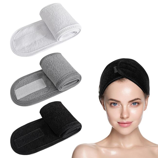 KMZ 3 Pack Spa Facial Headband Make up Hair Band Adjustable Magic Sticker Stretch Towel Headband for Sport Yoga Shower (White, Black, Gray)