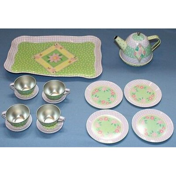 Schylling Metal Toy Tea Set Childrens Plates Cups Tray Teapot Pastel Polka Dots