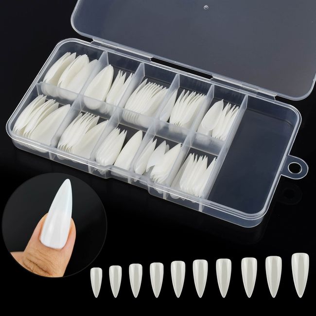 100 Pcs False Nail Tips with Storage Case-Full Cover Coffin Nails in 10 Sizes for Nail Salons and DIY Nail Art-Long Lasting and Durable Artificial Fingernails for Glamorous Looks(Droplet, Natural)