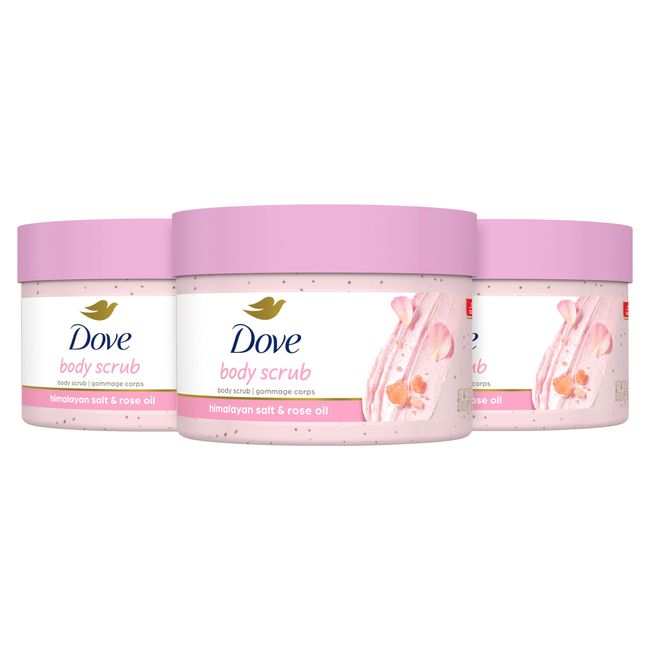 Dove Body Scrub Himalayan Salt & Rose Oil 3 Count for Visibly Silky-Smooth, Nourished Skin, with ¼ Moisturizing Cream, 10.5 oz