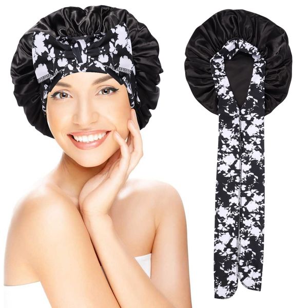 Silk Bonnet for Sleeping Satin Bonnet Hair Bonnet Hair Wrap for Bath, Shower Cap Tie Band for Women Girls Long Curly Hair Sleeping (Black)