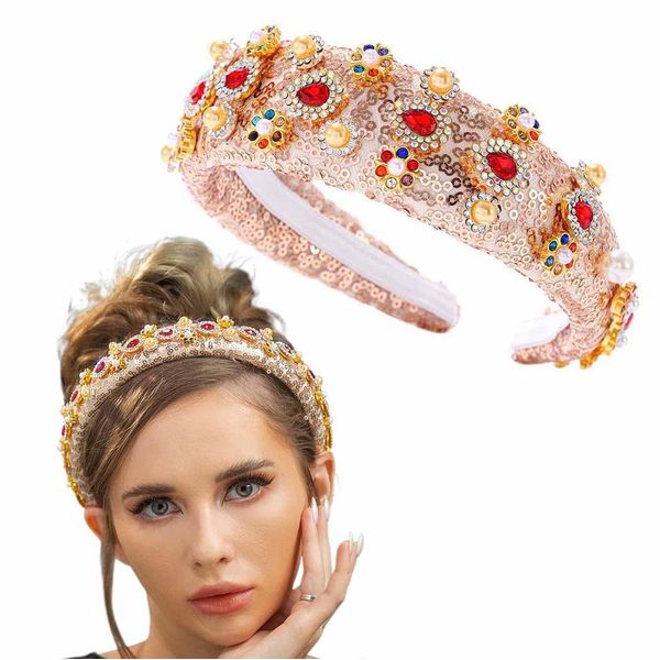 Barode Sequins Padded Headbands Blue Flower Baroque Rhinestone Hairbands Pearl Wide Headband Beaded HairHoop Hair Accessory for Women (Khaki)