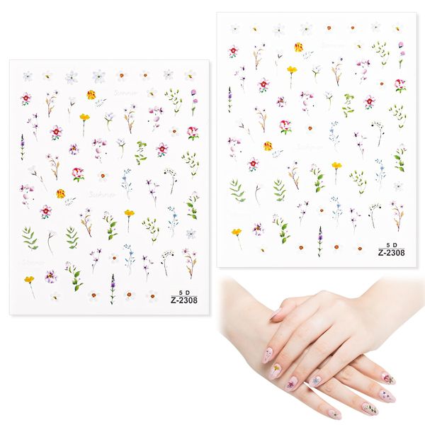 2 Sheets Flower Nail Stickers, 5D Embossed Summer Floral Leaf Plant Nail Decorations Self-Adhesive Beautiful Spring Wildflower Nail Decals Manicure Flora Art Supplies for Women Girls