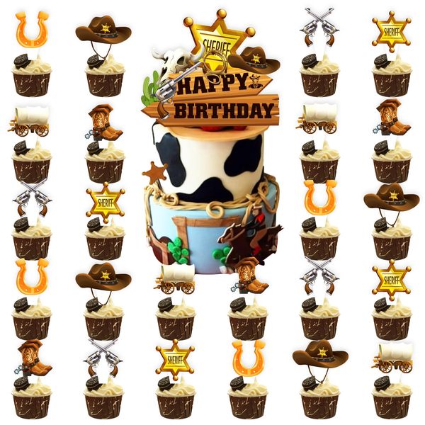 25Pcs Cowboy Birthday Party Supplies, Western Cowboy Cupcake Toppers Decoration, HorseShoe Cowboy Hats Boots Happy Birthday Cupcake Toppers Decorations, Baby Shower Kids Decorations (Cowboy)