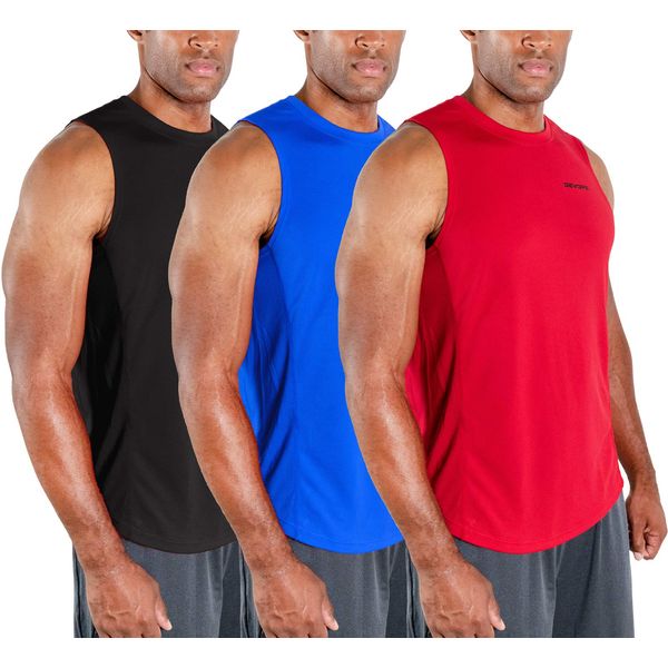 DEVOPS 3 Pack Men's Muscle Shirts Sleeveless Dry Fit Gym Workout Tank Top (Large, Black/Blue/Red)