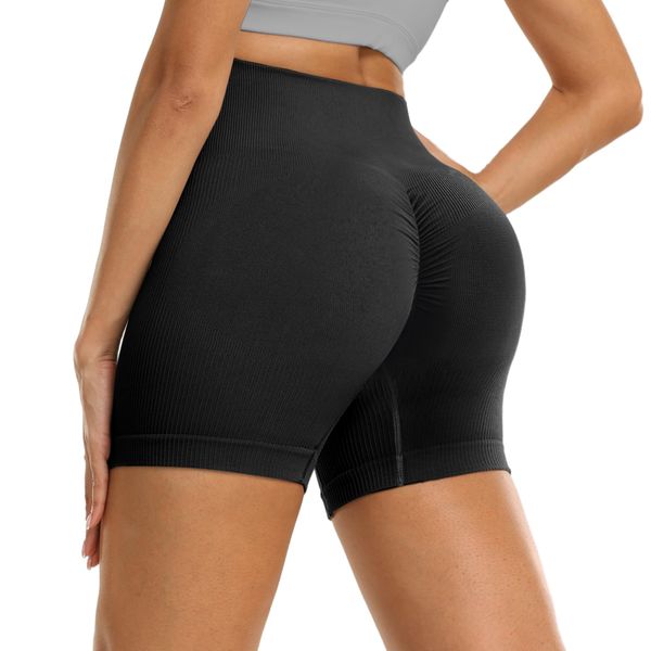 DDOBB Sport Shorts Damen Scrunch Butt Kurze Sporthose Bauchweg Gym Shorts High Waist Radlerhose Nahtlos Laufshorts Sommer Leggings für Fitness Yoga Workout(Schwarz, S-M)