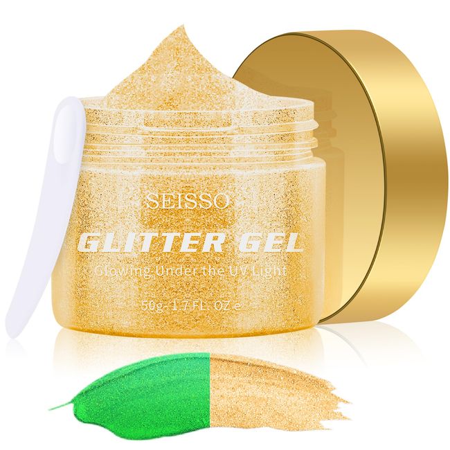 SEISSO Neon Gold Glow Body Glitter Gel, Cosmetic-Grade Glow in The Dark Body Glitter Gel, Mermaid Luminous Glitter Gel, Music Festival Party Rave Accessories for Women Makeup Face Eye Lip Hair