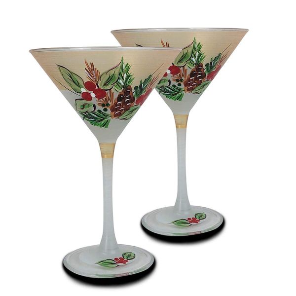 Golden Hill Studio Hand Painted Martini Glasses Set of 2 - Black Forest Pine Collection - Hand Painted Glassware by USA Artists - Unique and Decorative Martini Glasses, Kitchen Table Décor, Holiday