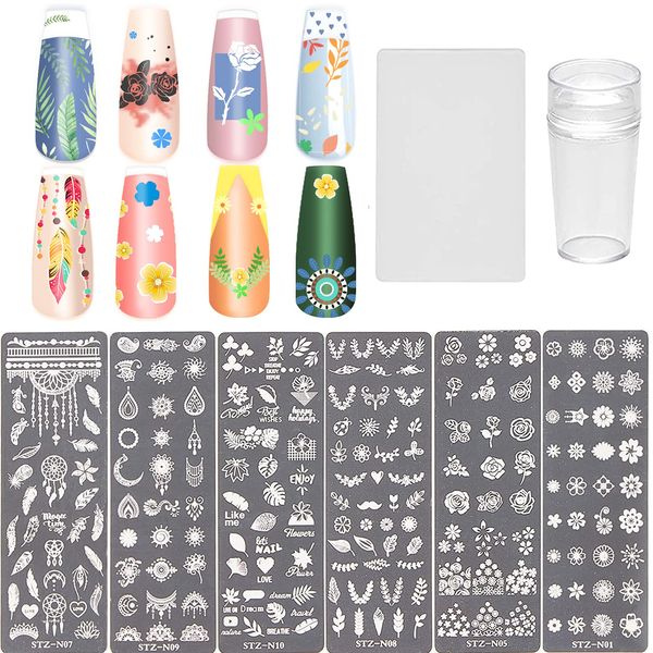 NICENEEDED Leaves Nail Art Stamping Kit, 6Pcs Nail Stamp Templates & 1 Nail Stamper & 1 Nail Scraper Nail Plates Manicure Tool Dreamcatcher Image Plates for DIY Decoration