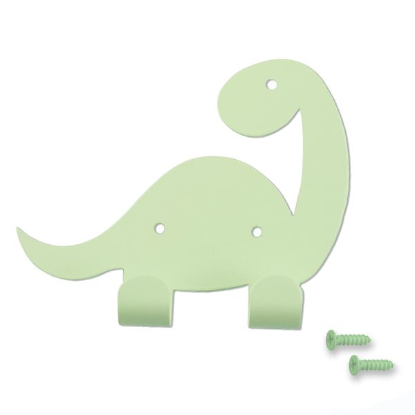 Keypak Kids Dinosaur Double Coat Hooks, Door Wall Mounted Metal Decorative Hooks for Boys & Girls, Toddlers Bedroom or Baby Nursery - Colour Matching Fixings Included (Green)