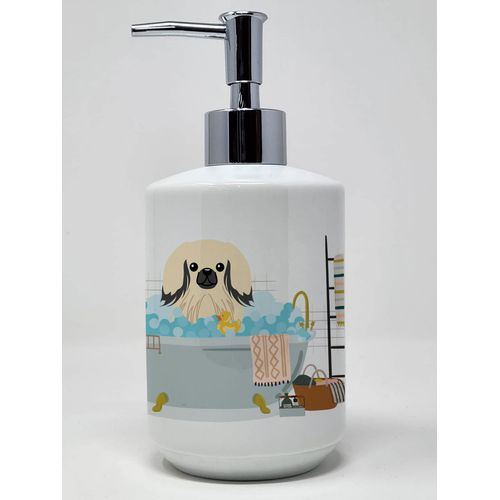 Caroline's Treasures WDK5803SOAP Cream Pekingese in Bathtub Ceramic Soap Dispenser Hand Soap Dispenser Pump Bottles for Bathroom Kitchen, Empty Refillable Liquid Soap Container