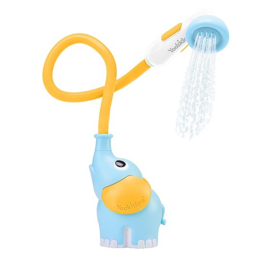Yookidoo Baby Bath Shower Head - Elephant Water Pump with Trunk Spout Rinser - Control Water Flow from 2 Knobs for Maximum Fun in Tub or Sink for Newborn Babies (Blue and Orange)