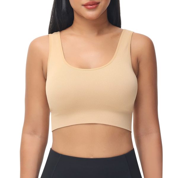 SIMIYA Women Seamless Sports Bra Wireless Compression Bra Without Pading Comfort Yoga Crop Tops Vest for Running Sports Fitness(1 Pack Beige,XL)