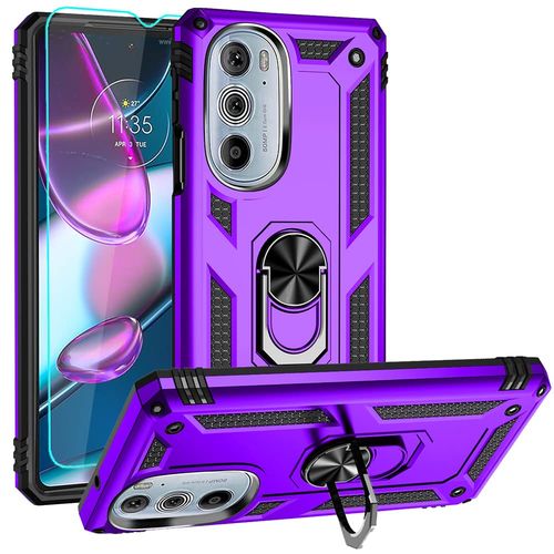 Motorola Moto Edge Plus 2022 Case with HD Screen Protector, Military-Grade Metal Ring Holder Kickstand, 15ft Drop Tested Shockproof Cover, Purple