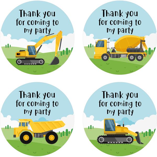 40mm Construction Vehicles "Thank You for Coming to My Party" Round Stickers for Party Bags & Sweet Cones (24 x Stickers)