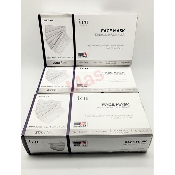 ICU Health Non-Medical Disposable Face Mask - White - 20ct, 3 Boxes - New