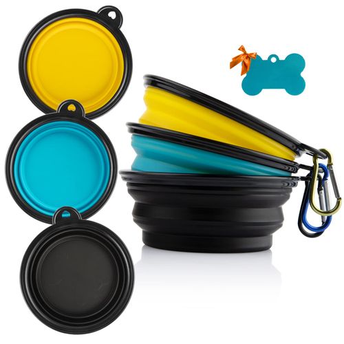 MXZONE 3 Collapsible Silicone Dog Bowl, Foldable Expandable Cup Dish for Small Pet Cat Food Water Feeding Portable Travel Bowl, Free Pet ID-Tag, Yellow Blue Black, S