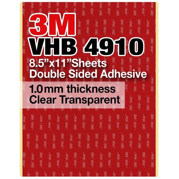 3M VHB 4910 8.5"x11" Double Sided Adhesive 1.0mm thickness Clear, 2 sheets pack
