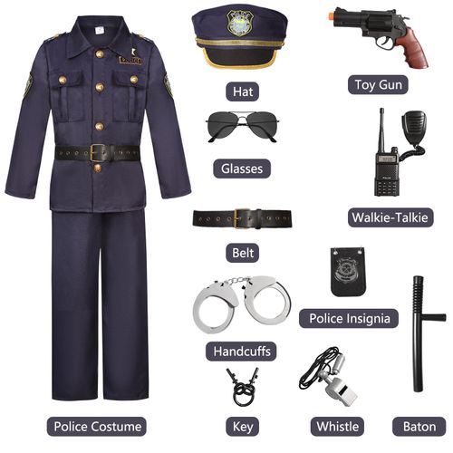 Police Officer Costume Kids Boys Halloween Costume Cop Cosplay with Deluxe Accessories Walkie Talkie Handcuffs Sunglasses Police Badge Props Whistle Holster Baton CA006S