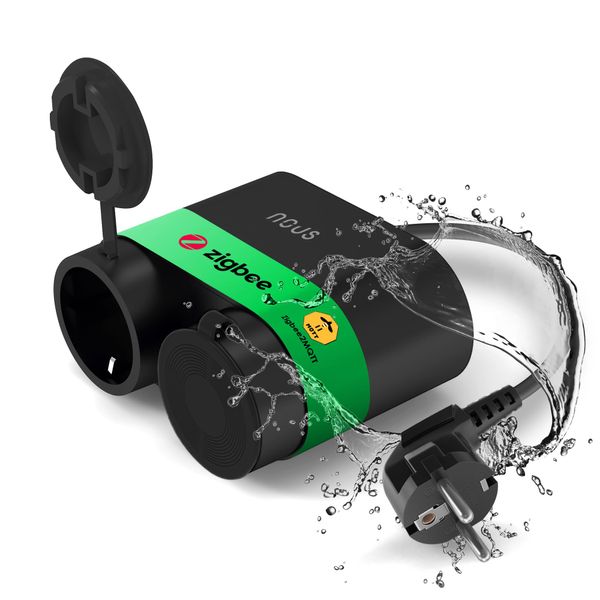 Nous A4Z Zigbee Steckdose Outdoor - Aussensteckdose wasserdicht mit stromzähler. Alexa zubehör stecker 230V Tuya Smart Life Google Home Assistant mehrfachstecker schwarz matt 16A IP44 doppelsteckdose