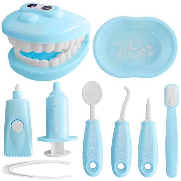 9-Piece Dental Pretend Play Set, Educational Dentist Play Kit with Teeth Model, Toothbrush, Dental Mirror, Syringe, Toothpaste, Tray, and Dental Tools, Fun Pretend Play Doctor Kit for Kids (Blue)