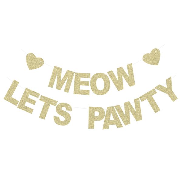 Meow Let's Pawty Banner - Pet Kitten's Birthday Party Backdrops - Pet Cats Party Gold Glitter Paper Photoprops