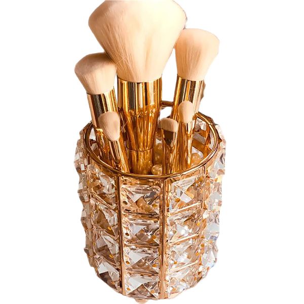 umely Crystal Accessory Holder, Makeup Brush Case, Storage, Interior, Stylish, Gold, Cylindrical, Lip Stand, Transparent, Pink Gold 1