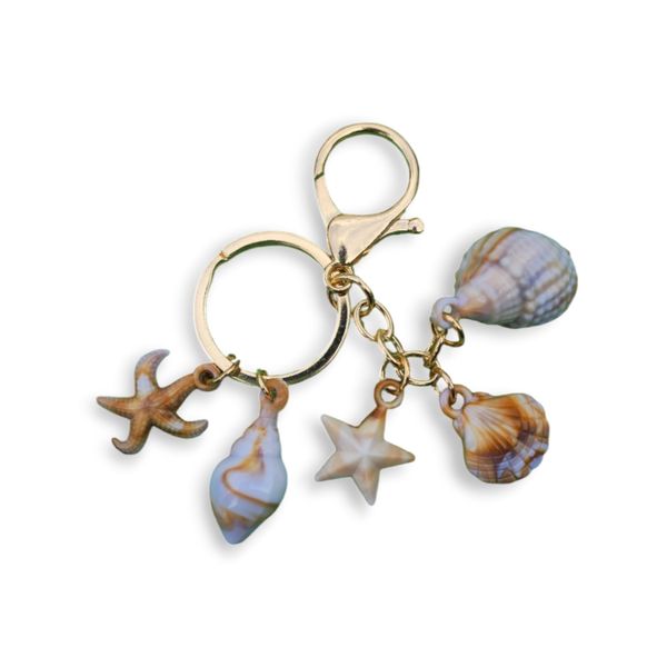 Seashell and Starfish Charm Keychain, Gold-Tone Metal Ring, Beach Theme