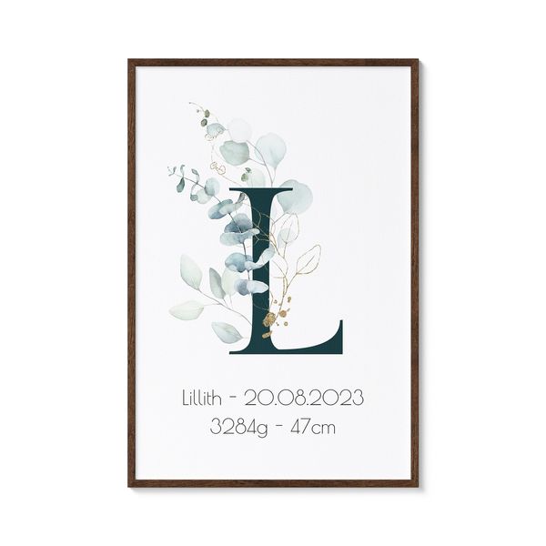 Minimalistisches Geburtsposter personalisiert mit Geburtsdaten und Namen, DIN A4 Poster, Geschenk zur Geburt für Eltern Mama und Papa, Baby, Taufe - ohne Rahmen (Eukalyptus Buchstaben)