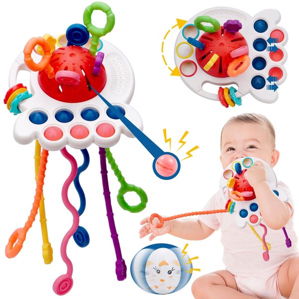 Montessori toys for babies 6-12 months Baby Silicon Sensory Travel Pull String Teething Toys for 3-6 Months 1 Year Old Hang on Stroller Crib Car Seat Roly Poly Baby Toy Fidget Gift for Infant Toddler