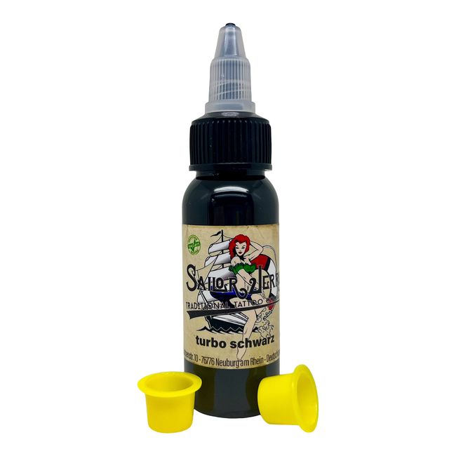 Sailor Jerry von DC-TP Europe REACH-konforme Tattoofarbe Turbo Black (Turbo Schwarz), 30 ml. Deutsche Tattoofarbe mit Zertifikat, Tätowierfarbe, Tattoo Ink, Vertrieb durch HAN-SEN + 2 Farbkappen