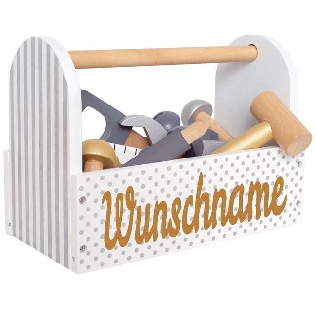 Elefantasie Werkzeugkiste Werkzeugkasten aus Holz grau personalisierbar mit Name Baby Geschenk mit Gravur