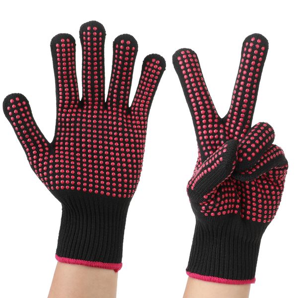 Ptwola 2 Pcs Heat Resistant Gloves With Silicone Non-Slip Bumps Professional Heat Blocking Fireproof Glove Mitts for Curling Wand Hot-Air Brushes Hair Styling Flat Iron Sublimation Gloves