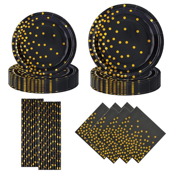 64PCS Black and Golden Dot Party Tableware Decorations for Birthday,Disposable Party Tableware Set Golden Dot Birthday Paper Plates 7inch,9inch,Paper Straws,Napkins,for Kids,Her,Man,Him Dinnerware