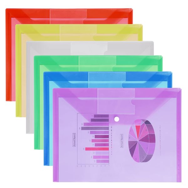 Plastic Wallets - A4 Folders for Paperwork A4 Document Files Folder Plastic Popper Wallets with Pocket, Pack of 6