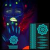 DPKOW Blue Glow in the Dark Temporary Tattoos Indian Lace for Woman Girls Hand Arm Body Art, 10 Sheets Luminous Glitter Mandala Flower Temporary Tattoo Stickers Moon Star Butterfly for Neon Face Paint