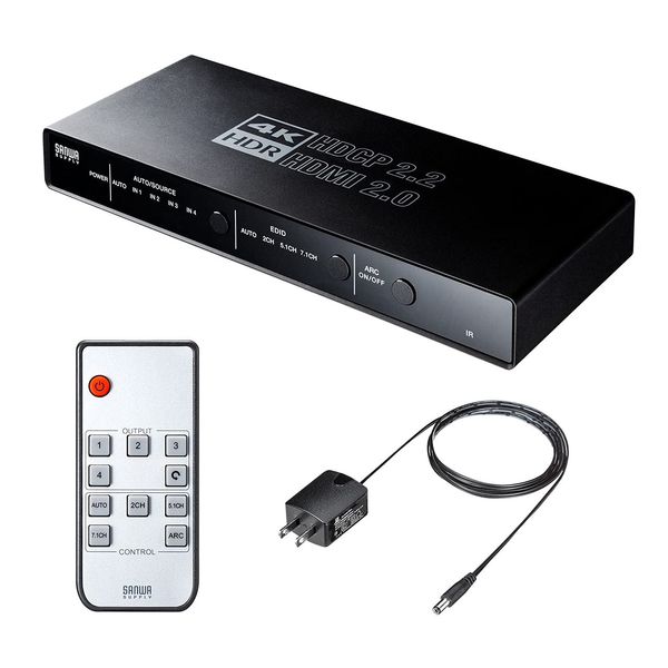 Sanwa Direct 400-SW033 HDMI Switcher, 4K 60Hz, 4 Inputs, 1 Output, Auto / Manual Switch, Optical Digital, ARC, Remote Control, Supports Switch, PS5