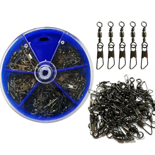 100pcs Barrel Swivel with Safty Snap Connector Fishing Tackle Box Kit,Size 6#,8#,10#,12#,14#