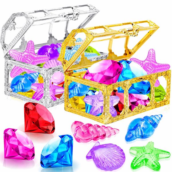 Thuodo 24pcs Diving Gems Pool Toys Colorful Diamonds with Treasure Pirate Box Summer Swim Dive Toy Underwater Swimming Toys for Kids Boys Girls