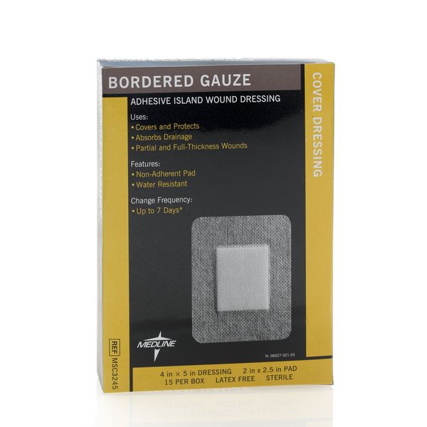 Medline Sterile Bordered Gauze Adhesive Island Wound Dressing, 4" x 5" with 2" x 2.5" Pad - Count of 15